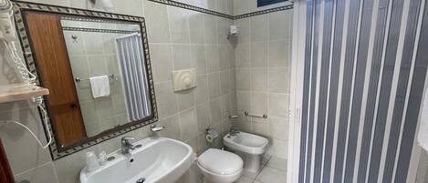 Un bany amb un lavabo, mirall, vàter, bidet i cortina de dutxa.
