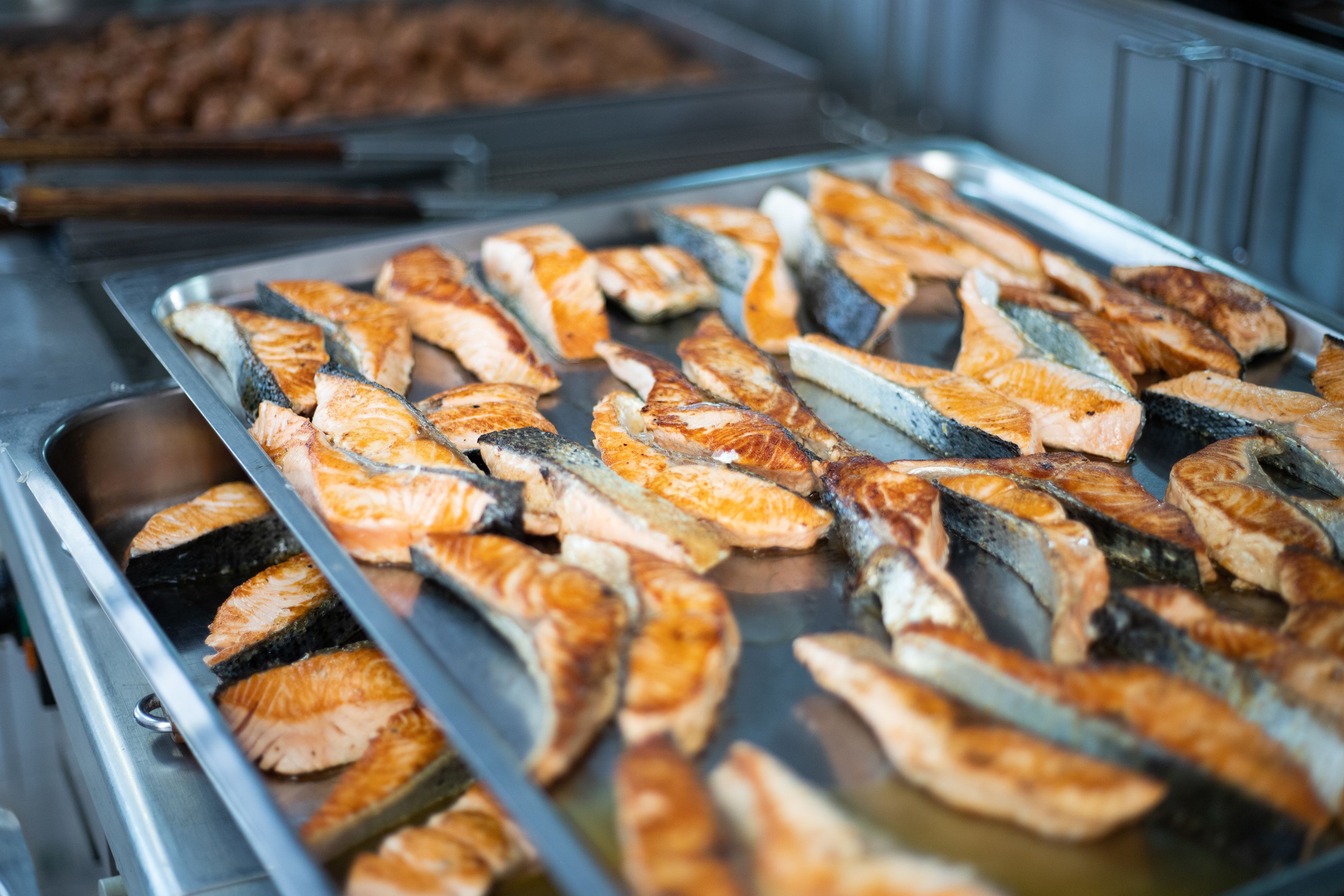 A buffet with grilled salmon arranged on trays.
