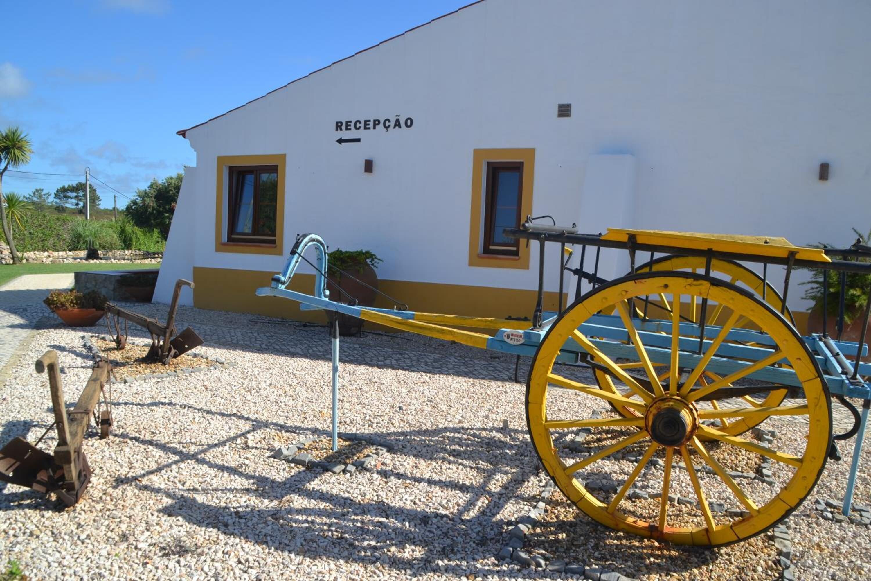 A building with a sign reading "RECEPCAO" and a large yellow wheelbarrow in front.
