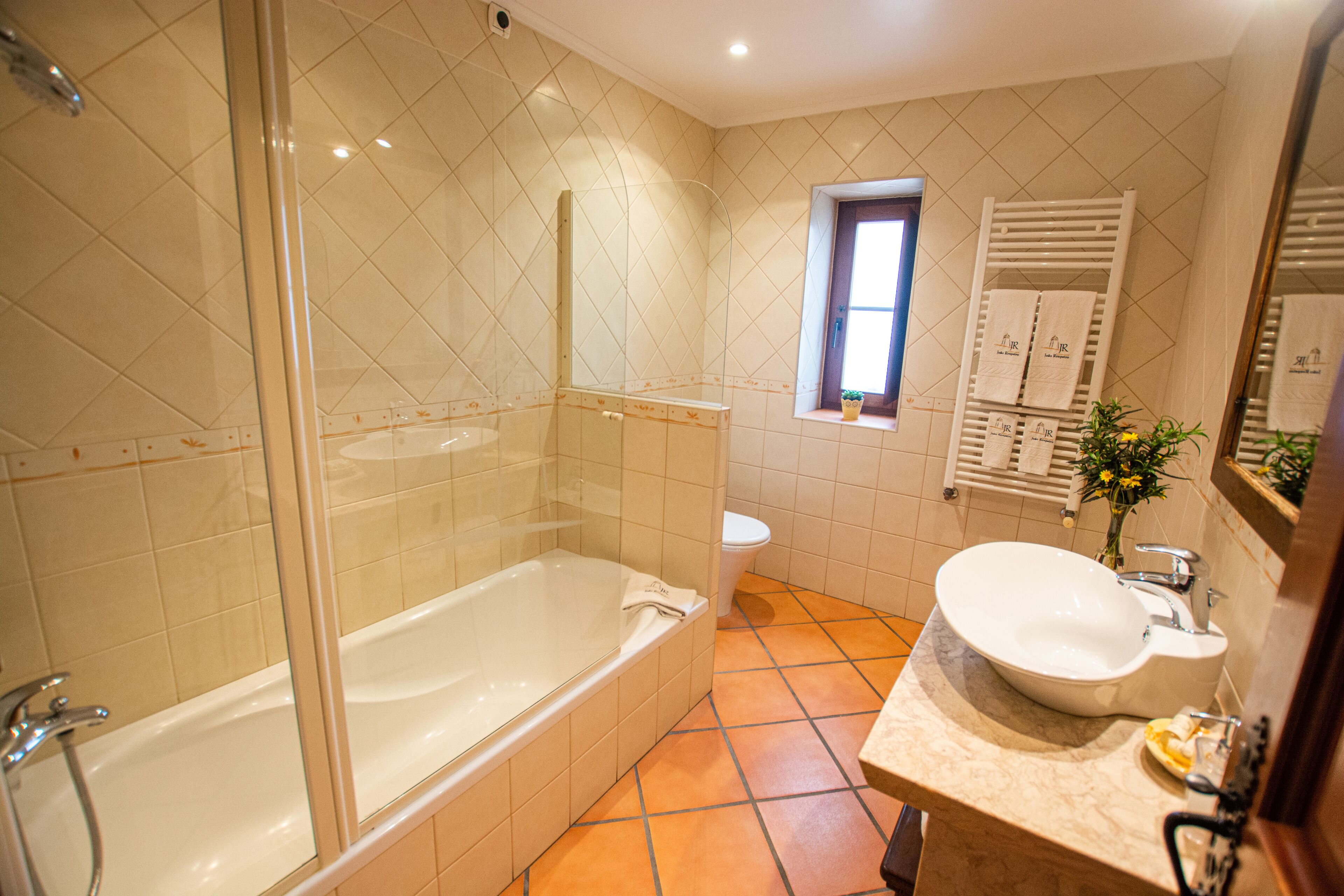 A bathroom with a glass-enclosed shower, a white bathtub, a toilet, and a sink with a mirror above it.