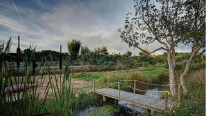 A wooden bridge over a pond with surrounding greenery and a building in the background.