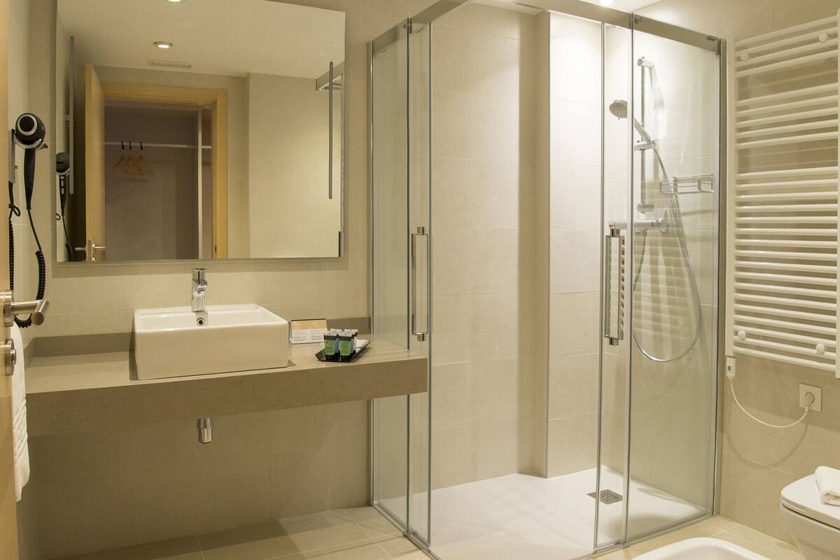 shower, rainfall showerhead, free toiletries, hair dryer