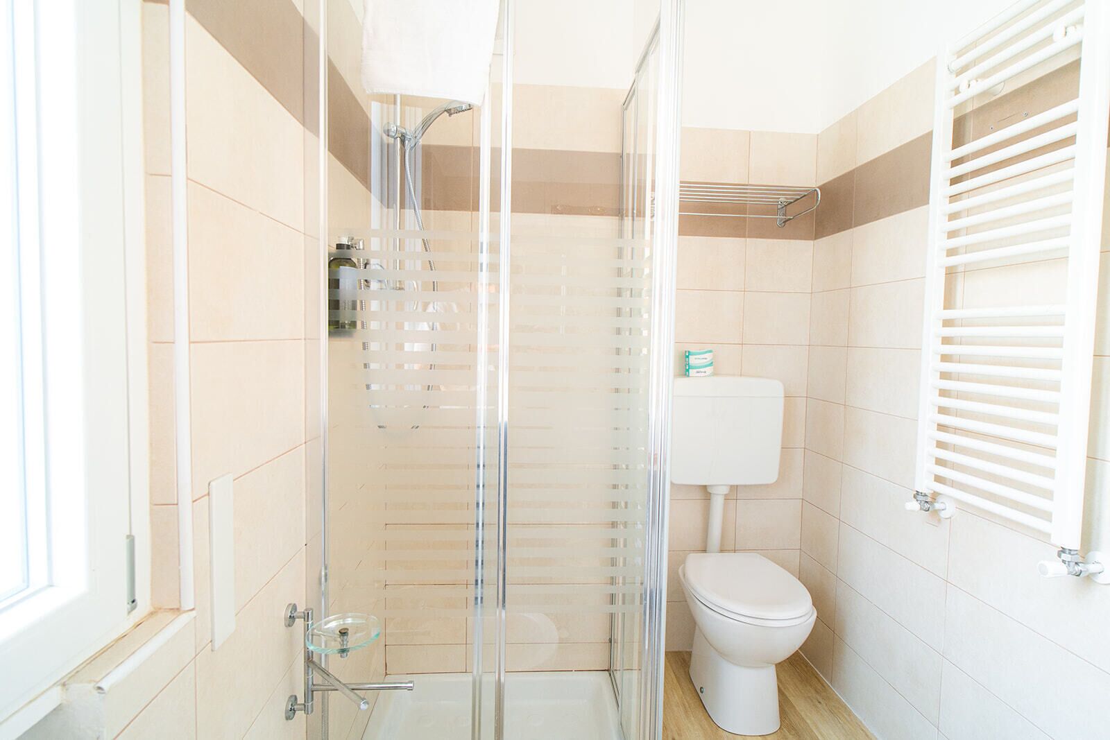Uma casa de banho moderna com chuveiro em cabine de vidro, sanita e porta-toalhas.
