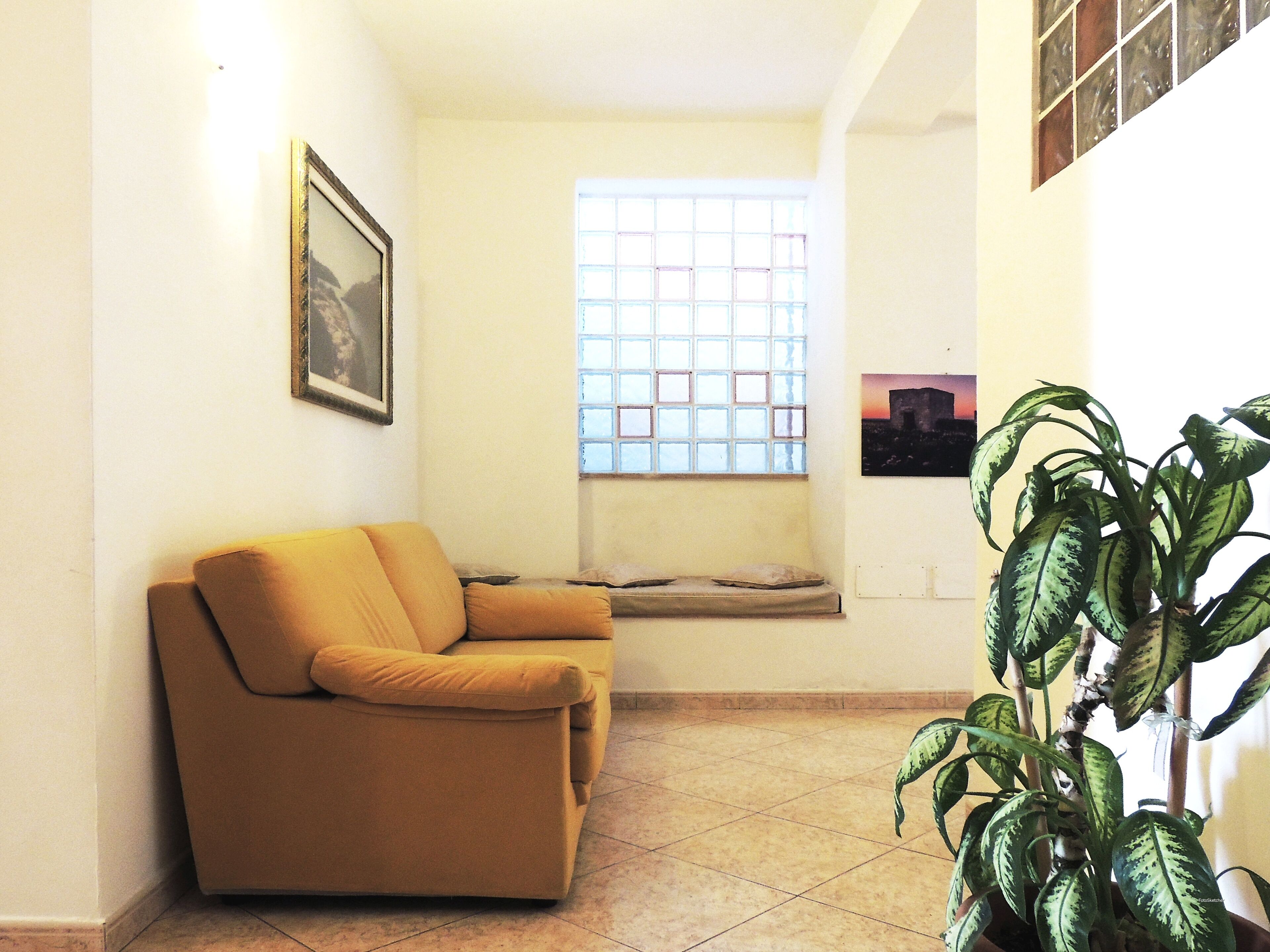 Uma sala de estar com um sofá, uma janela, uma planta e um quadro na parede.