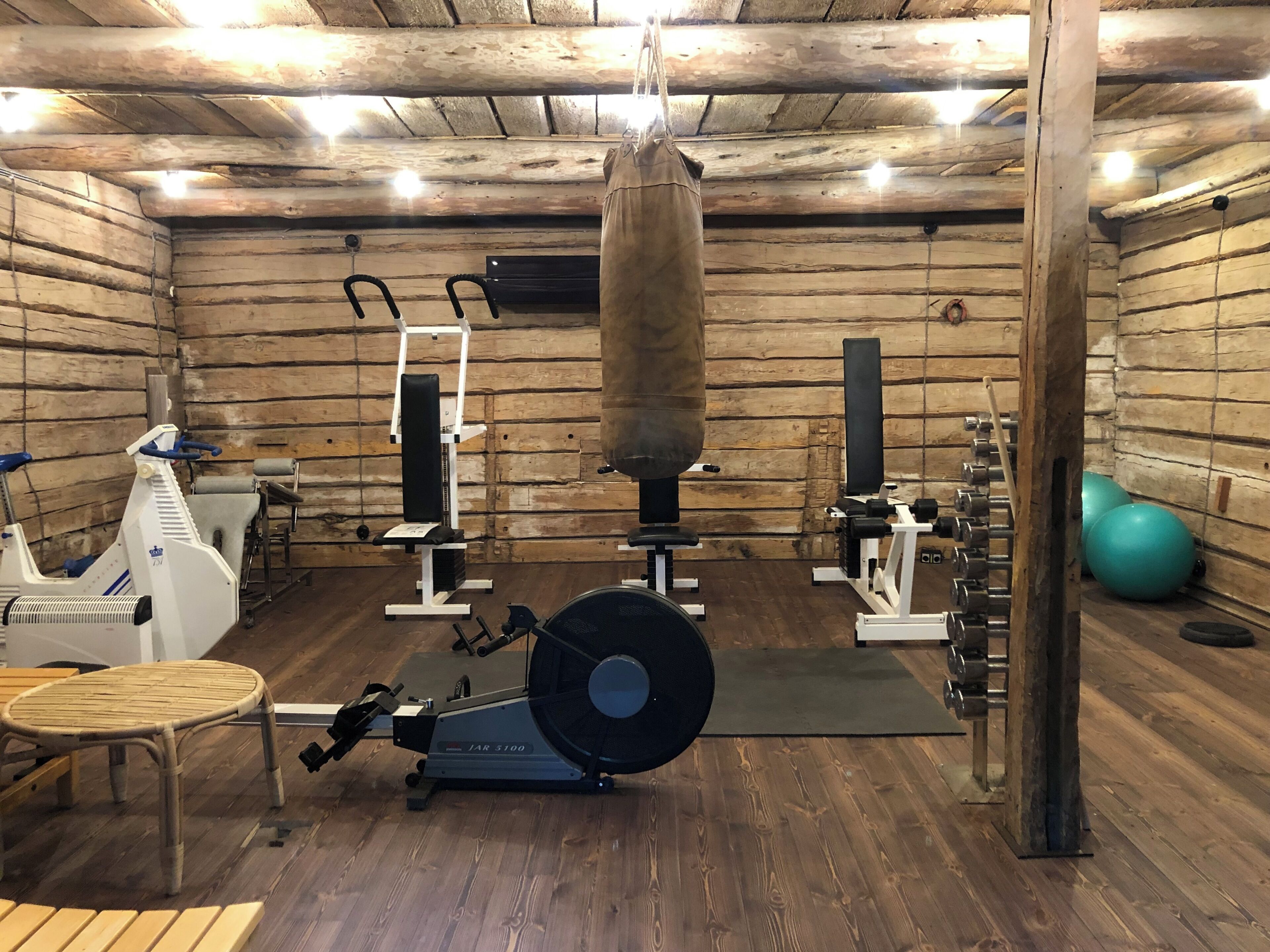 A gym with exercise equipment, a punching bag, and a rowing machine.