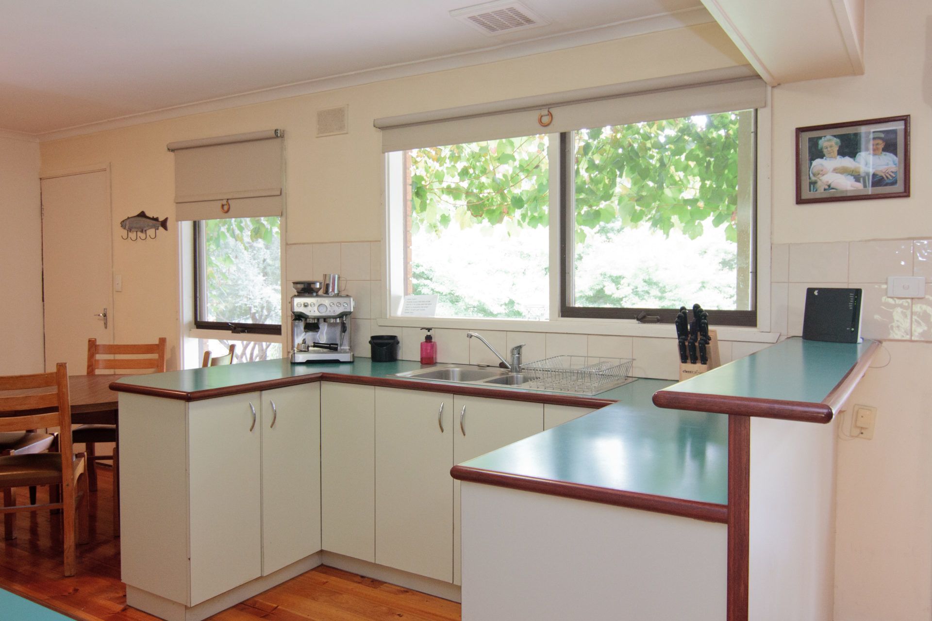 Fridge, microwave, dining tables