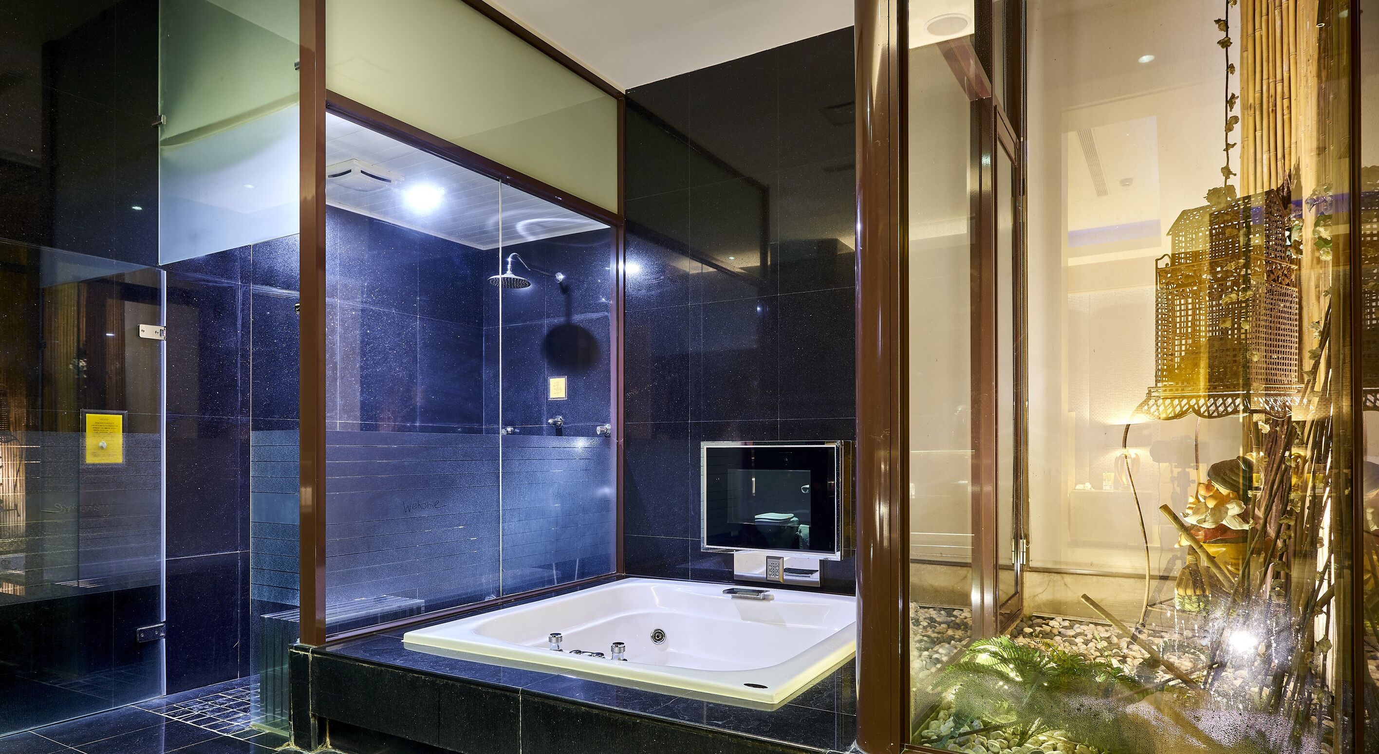 separate bathtub and shower, jetted bath, hydromassage showerhead