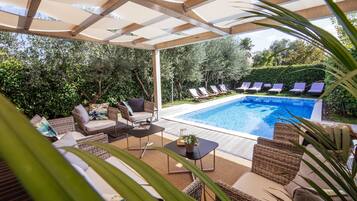 Seasonal outdoor pool, pool umbrellas, pool loungers