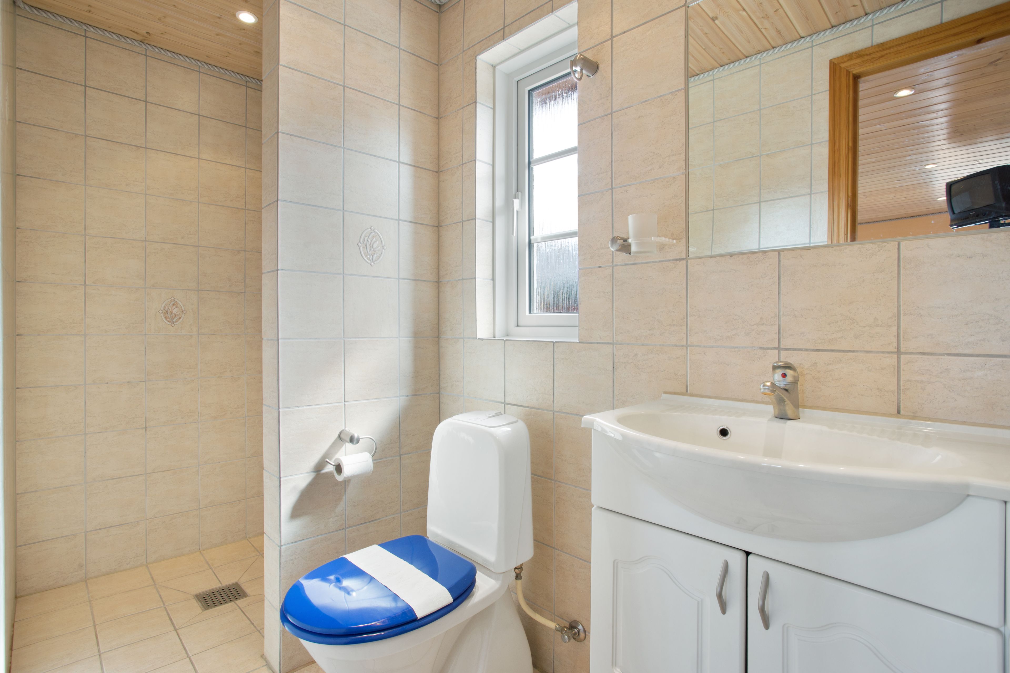 Ein Badezimmer mit Toilette, Waschbecken und Dusche.