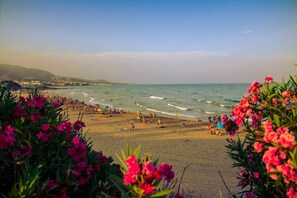 Ein Strand mit Menschen und Blumen im Vordergrund.