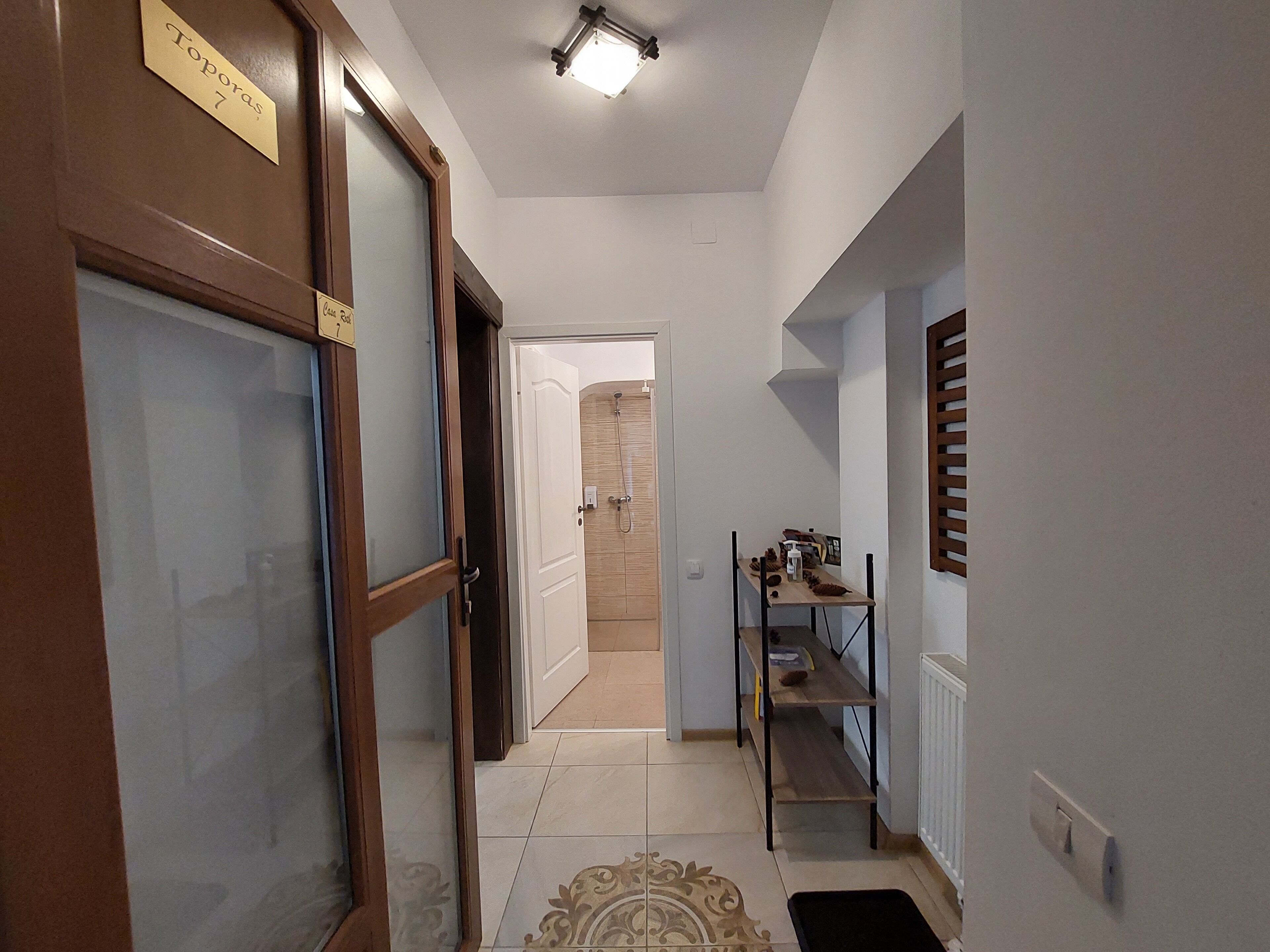 Un pasillo con una puerta de madera que indica 'Toporas 7', una puerta blanca que da a un baño, y un estante con varios objetos.