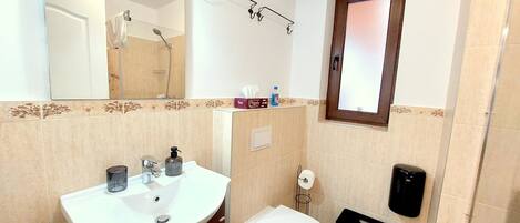 A bathroom with a white sink, a toilet, a mirror, and a shower.