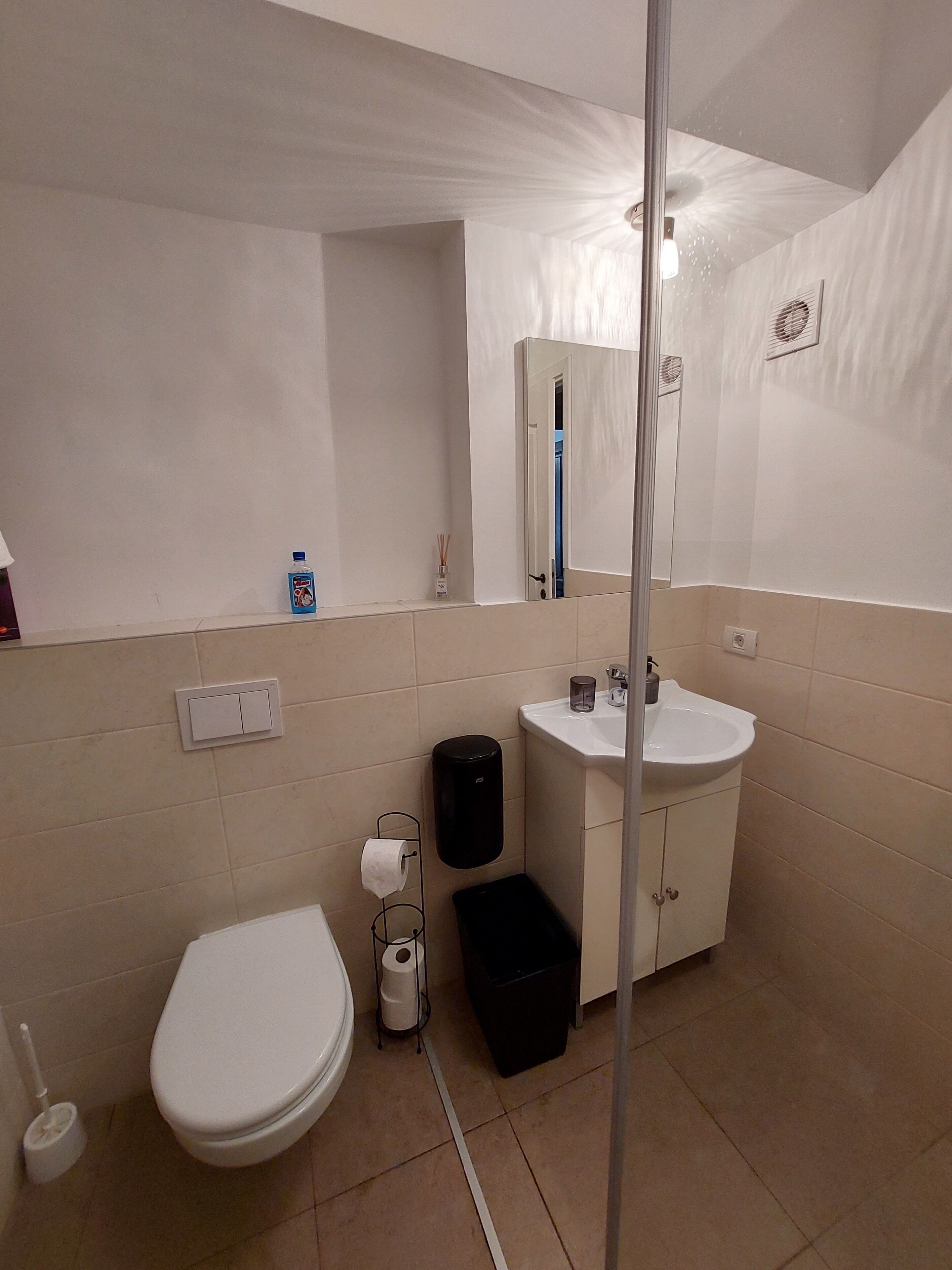 A bathroom with a toilet, sink, mirror, and a trash bin.
