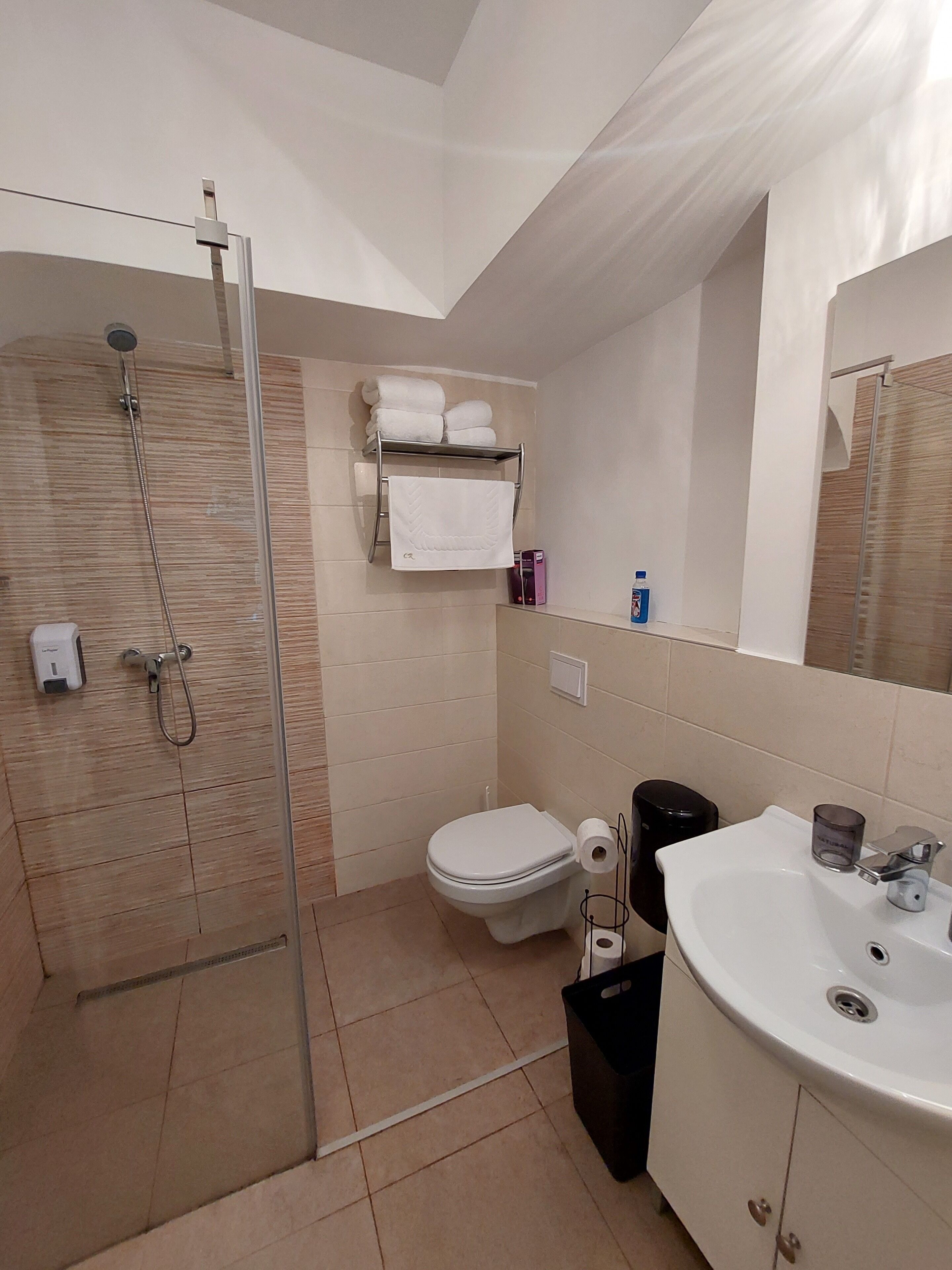 Une salle de bain avec une douche à parois de verre, des toilettes, un lavabo et un porte-serviettes avec des serviettes pliées.