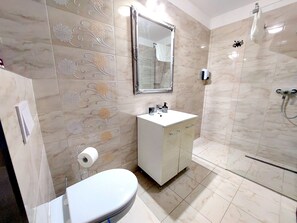 A bathroom with a toilet, sink, mirror, shower, and decorative tiles.