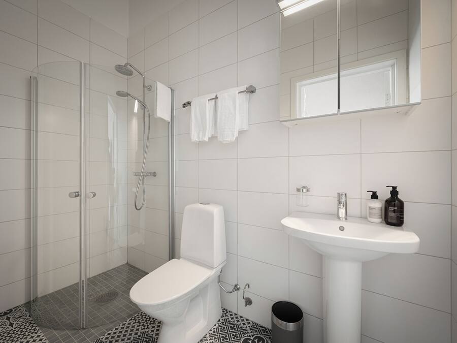 Un baño moderno con ducha de vidrio, inodoro blanco, lavamanos con artículos de aseo y espejo sobre el lavamanos.
