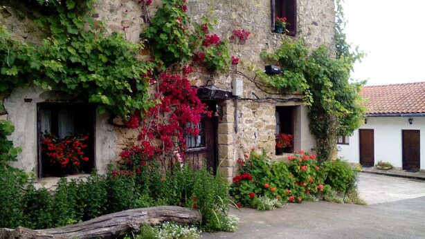 A stone building with ivy and red flowers, wooden doors, and a rustic appearance.