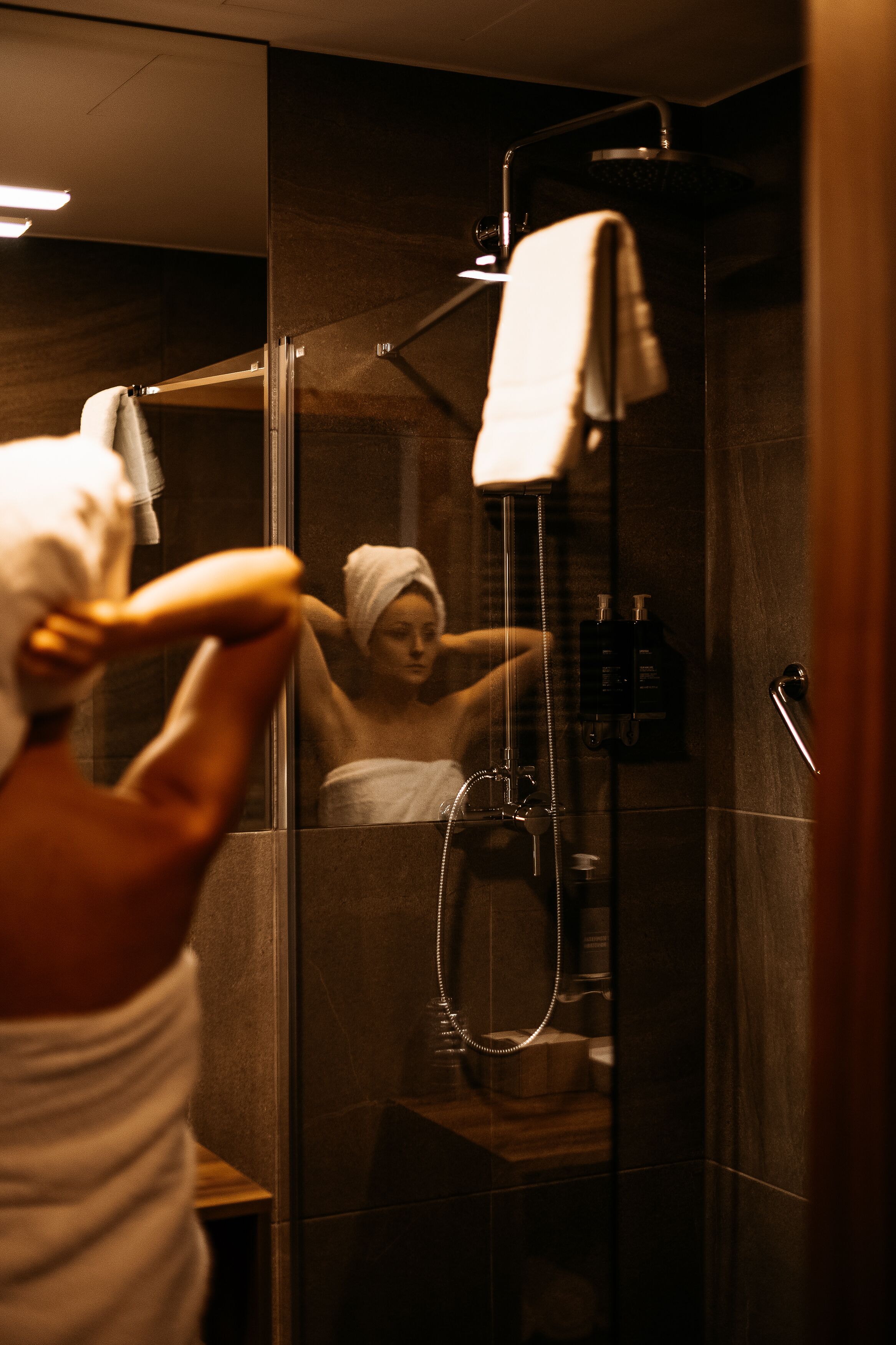 shower, hair dryer, bathrobes, slippers