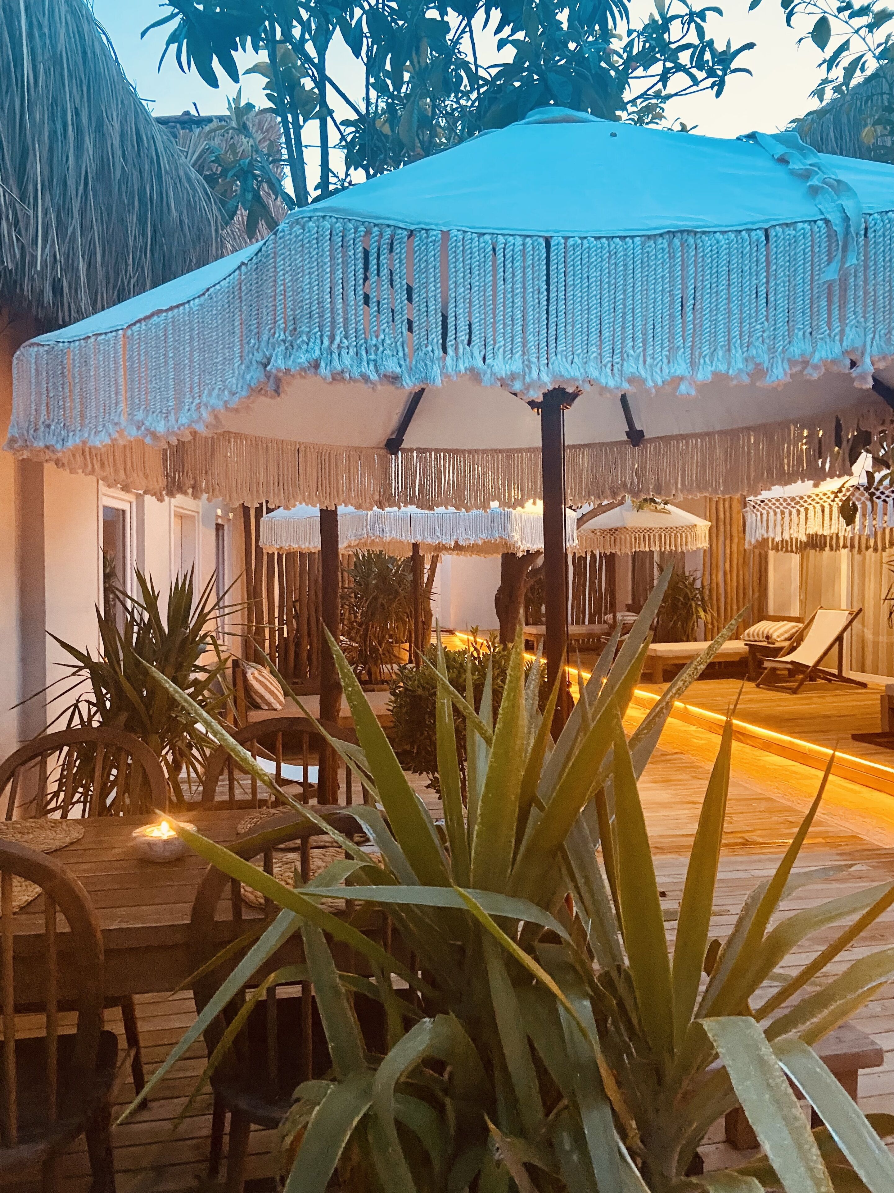 An outdoor seating area with a thatched roof, wooden furniture, and potted plants.