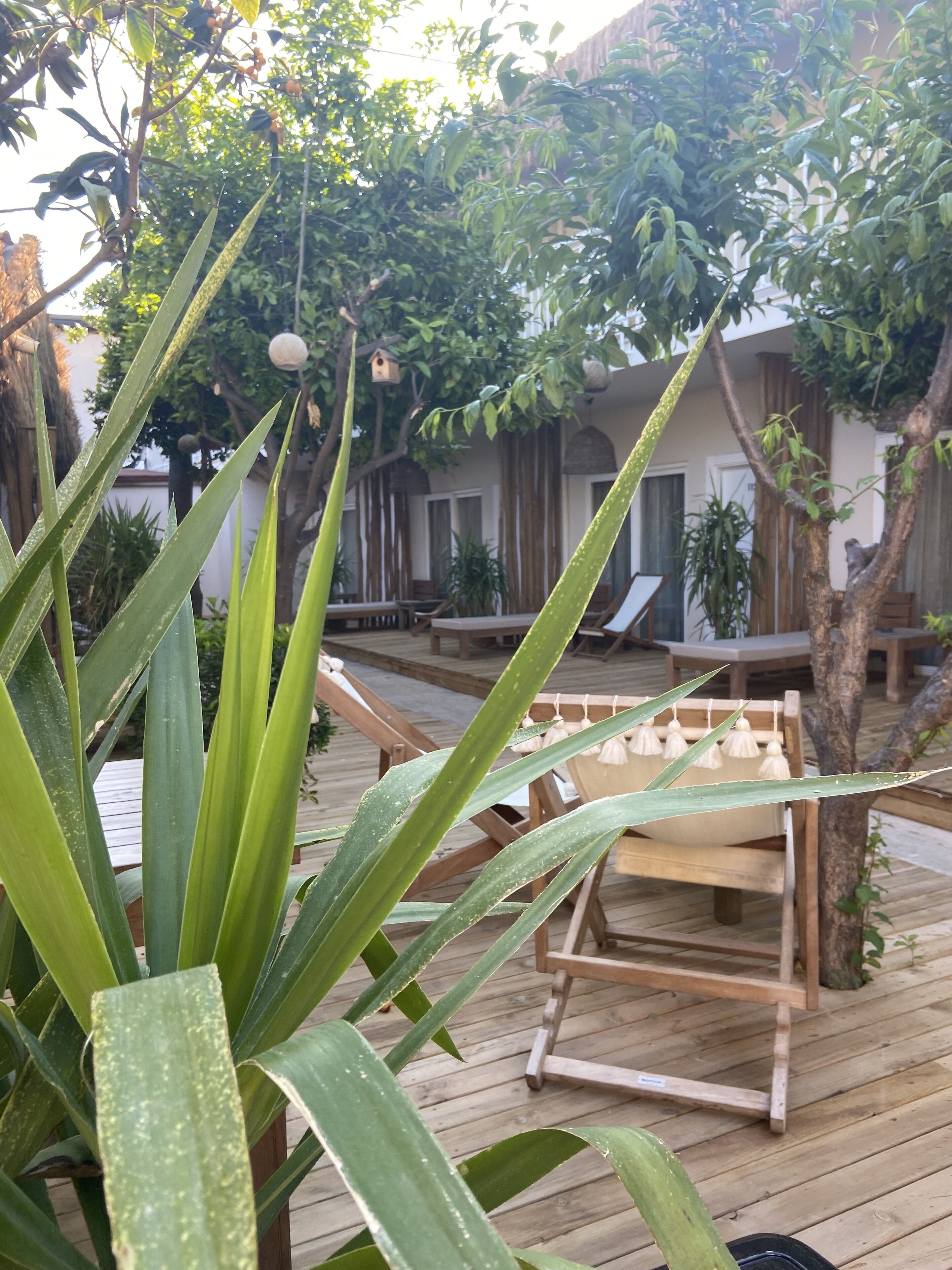 A wooden deck with a hammock and lounge chairs, surrounded by greenery and trees.