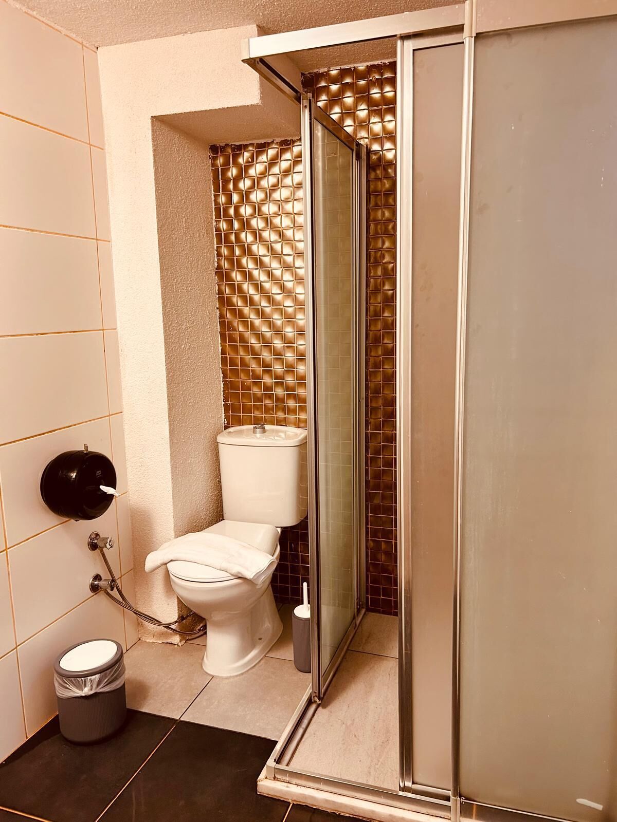 Un baño con inodoro, bidé, cubo de basura y cabina de ducha.