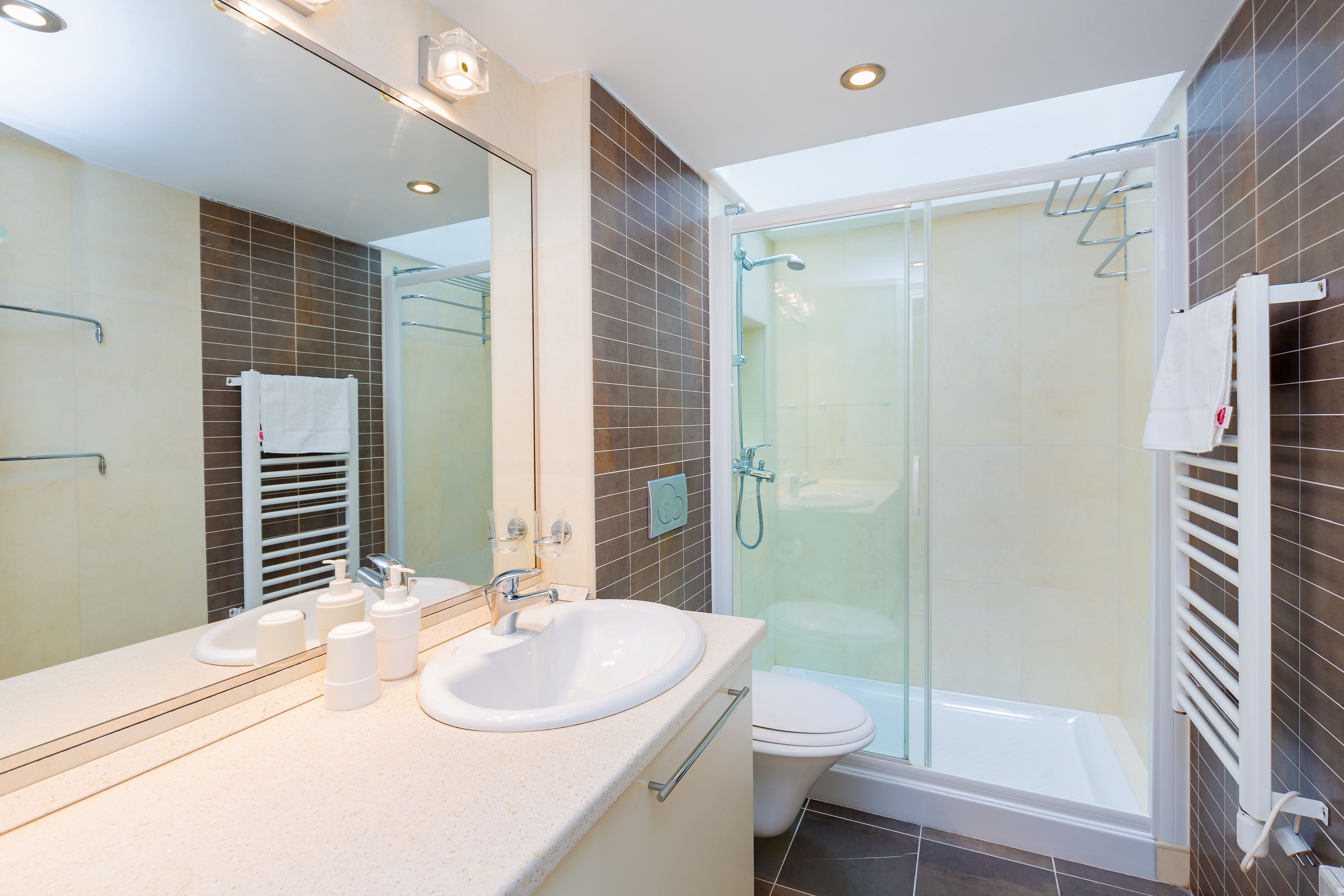 Une salle de bain moderne avec une douche à parois de verre, un lavabo blanc doté de distributeurs de savon et un grand miroir.