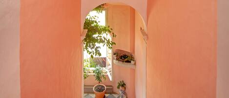 A narrow hallway with a checkered floor, leading to a balcony with potted plants.