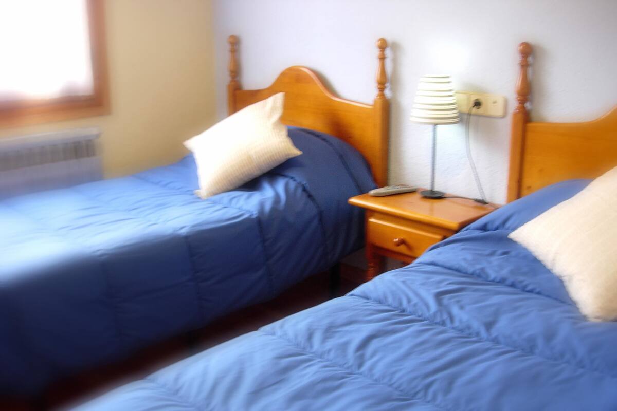 Habitación con dos camas, cada una con cabecero de madera y ropa de cama azul. Hay una mesita de noche con una lámpara y un control remoto.