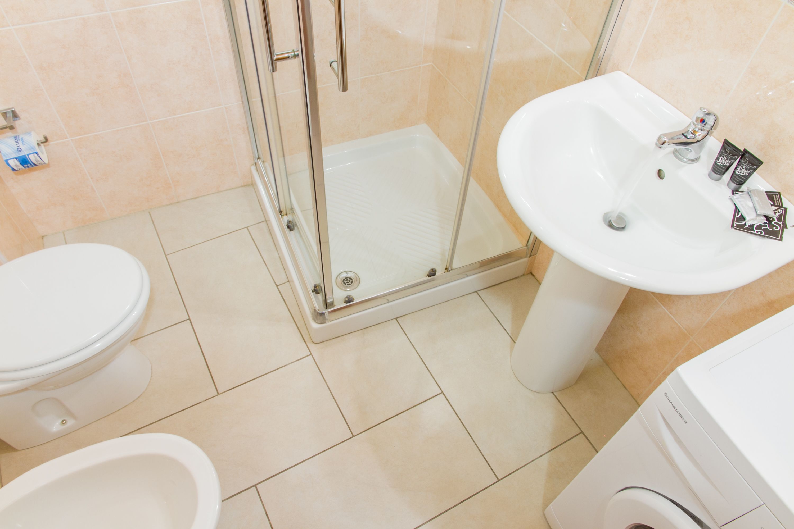 Une salle de bain comprenant des toilettes, une douche avec une porte en verre et un lavabo équipé de produits de toilette.