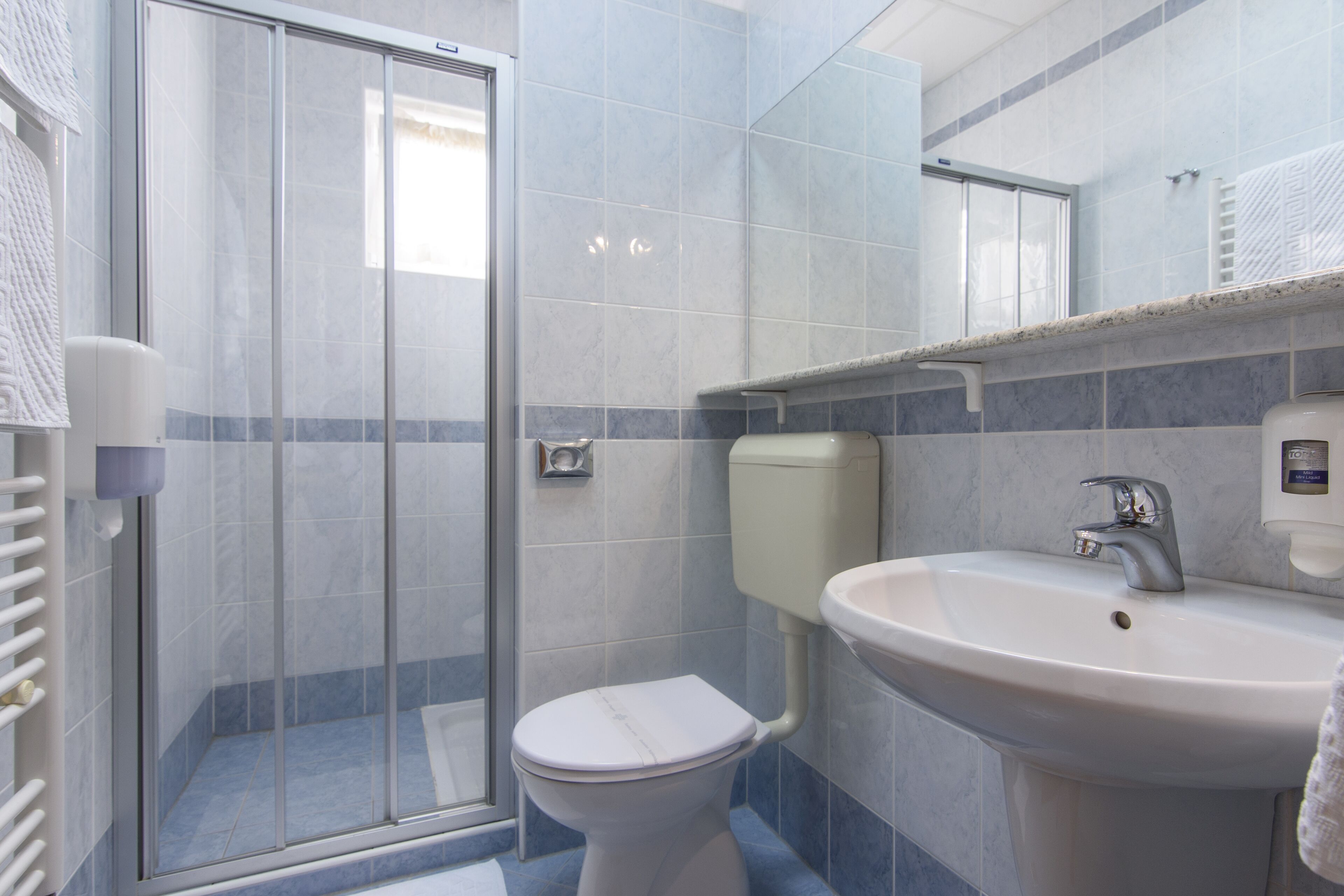 Un bagno con doccia, toilette, lavandino e specchio.