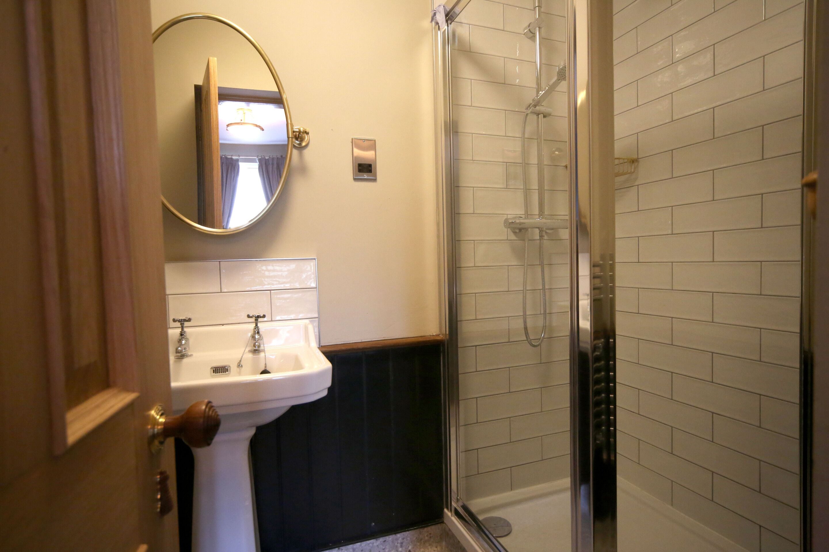 A bathroom with a sink, mirror, and shower.
