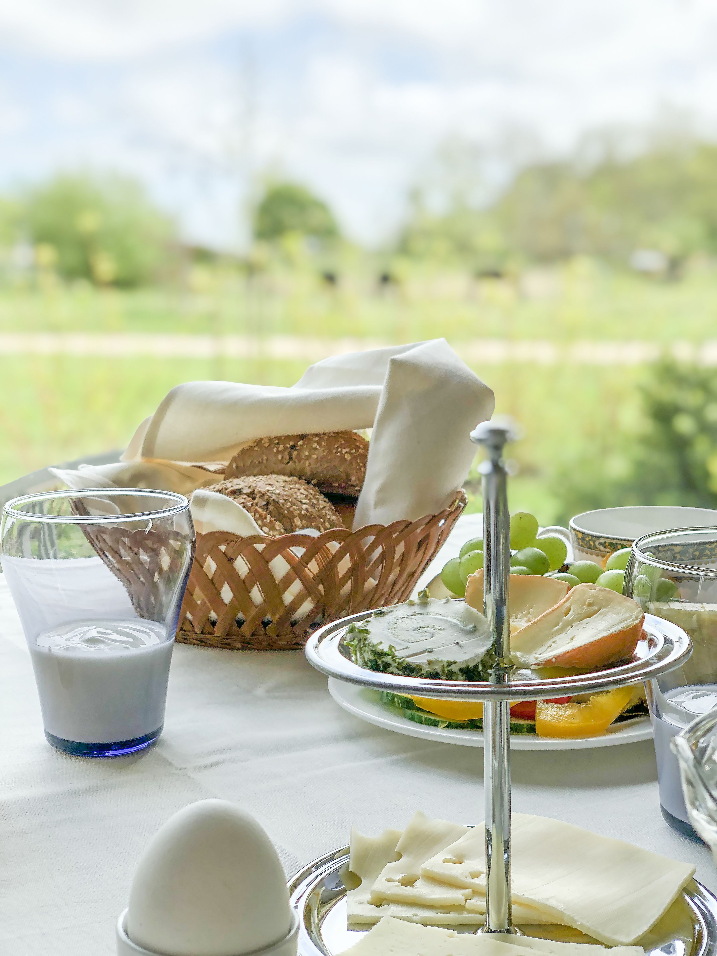 A table with a glass of milk, a basket of bread, a plate with cheese and grapes, and a glass of water.