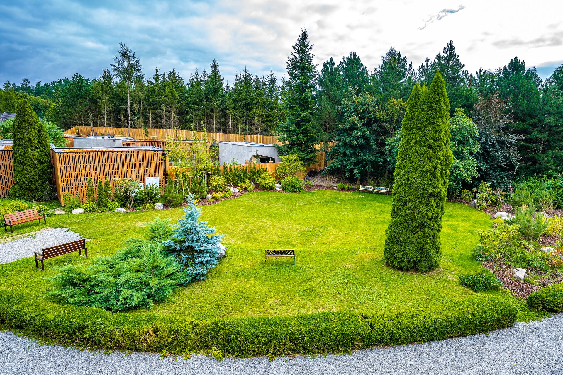 A well-maintained garden with a lawn, a tall coniferous tree, and a wooden fence.