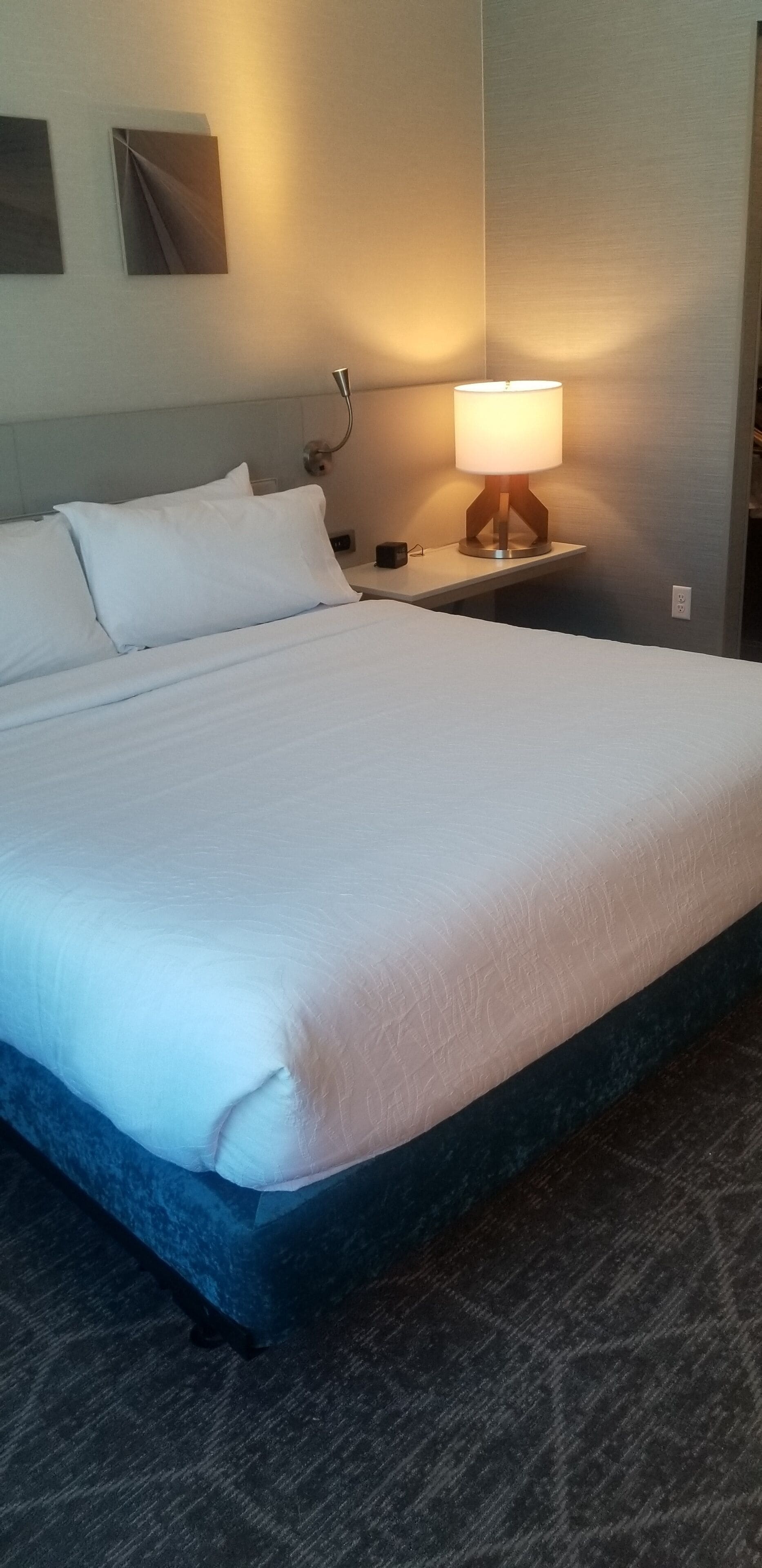 A neatly made bed with white linens, a bedside lamp, and a wall-mounted artwork.