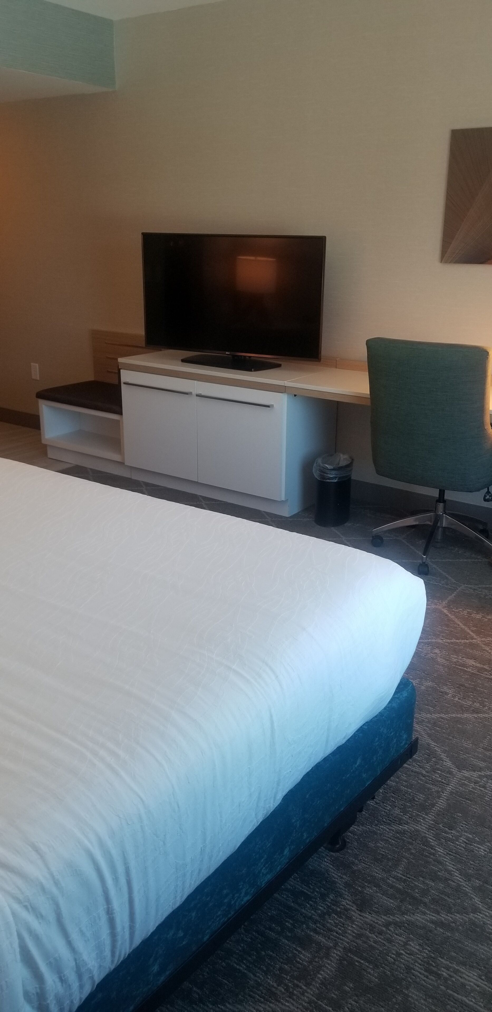 A hotel room with a large bed, a TV on a desk, a chair, and a trash bin.