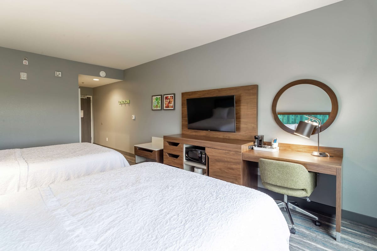 Une chambre d’hôtel avec deux lits, un bureau avec un ordinateur, une télévision et un miroir.