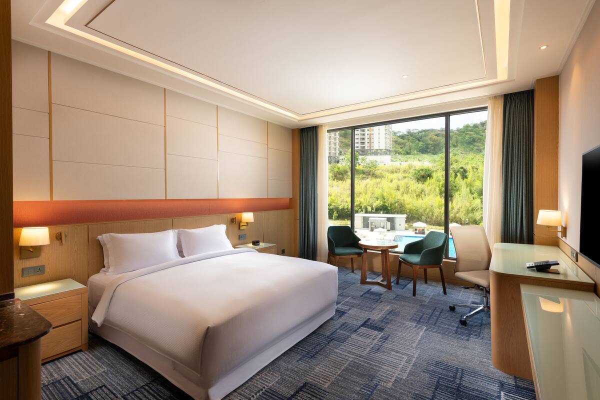 A hotel room with a large bed, a desk, a chair, and a TV. There is a window with a view of greenery and buildings.