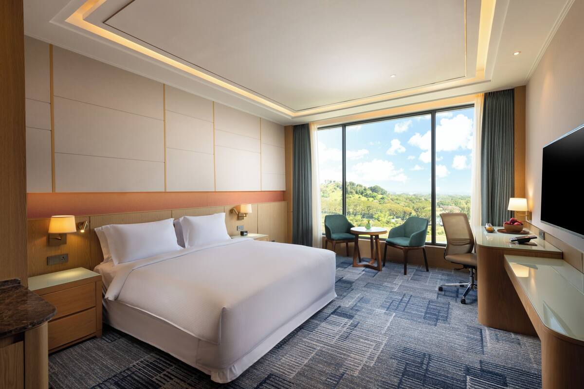 A hotel room with a large bed, a desk with a TV, a chair, and a view of the outdoors.