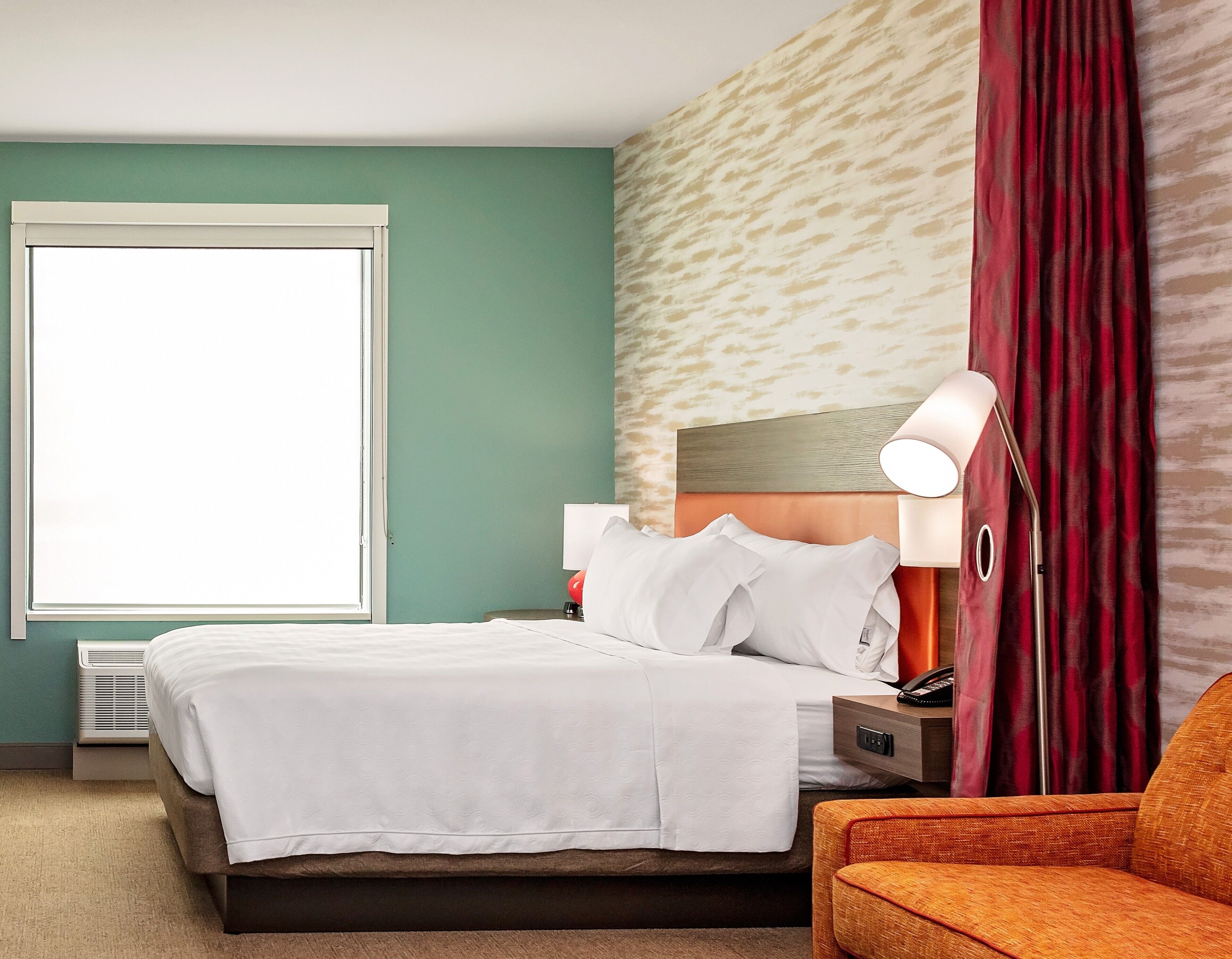 desk, laptop workspace, blackout curtains, iron/ironing board