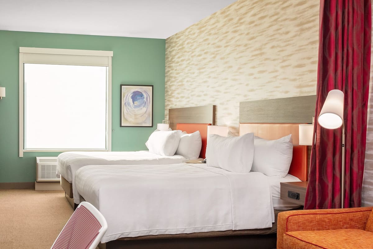 desk, laptop workspace, blackout curtains, iron/ironing board