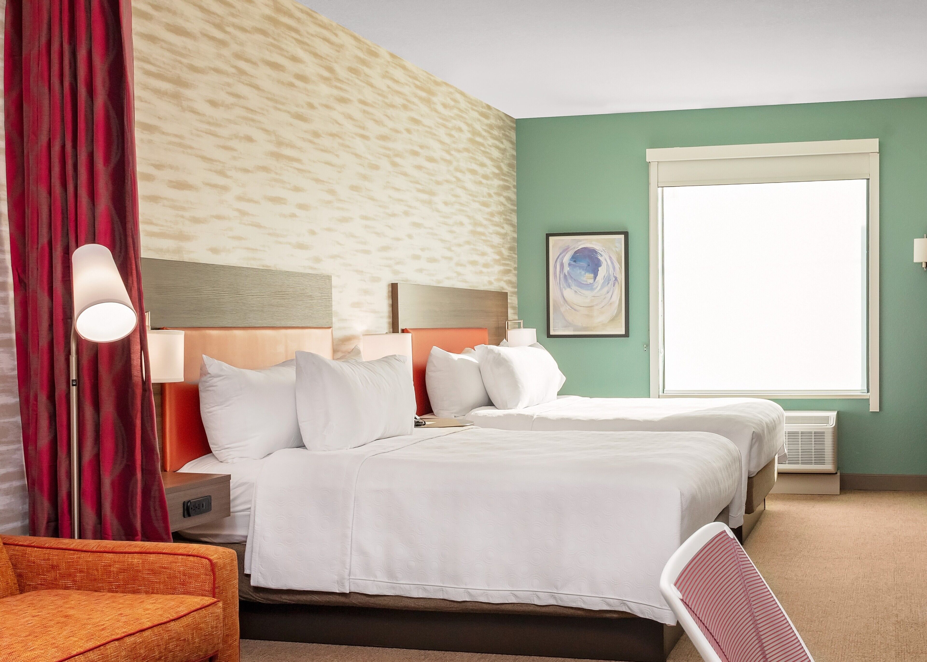 desk, laptop workspace, blackout curtains, iron/ironing board