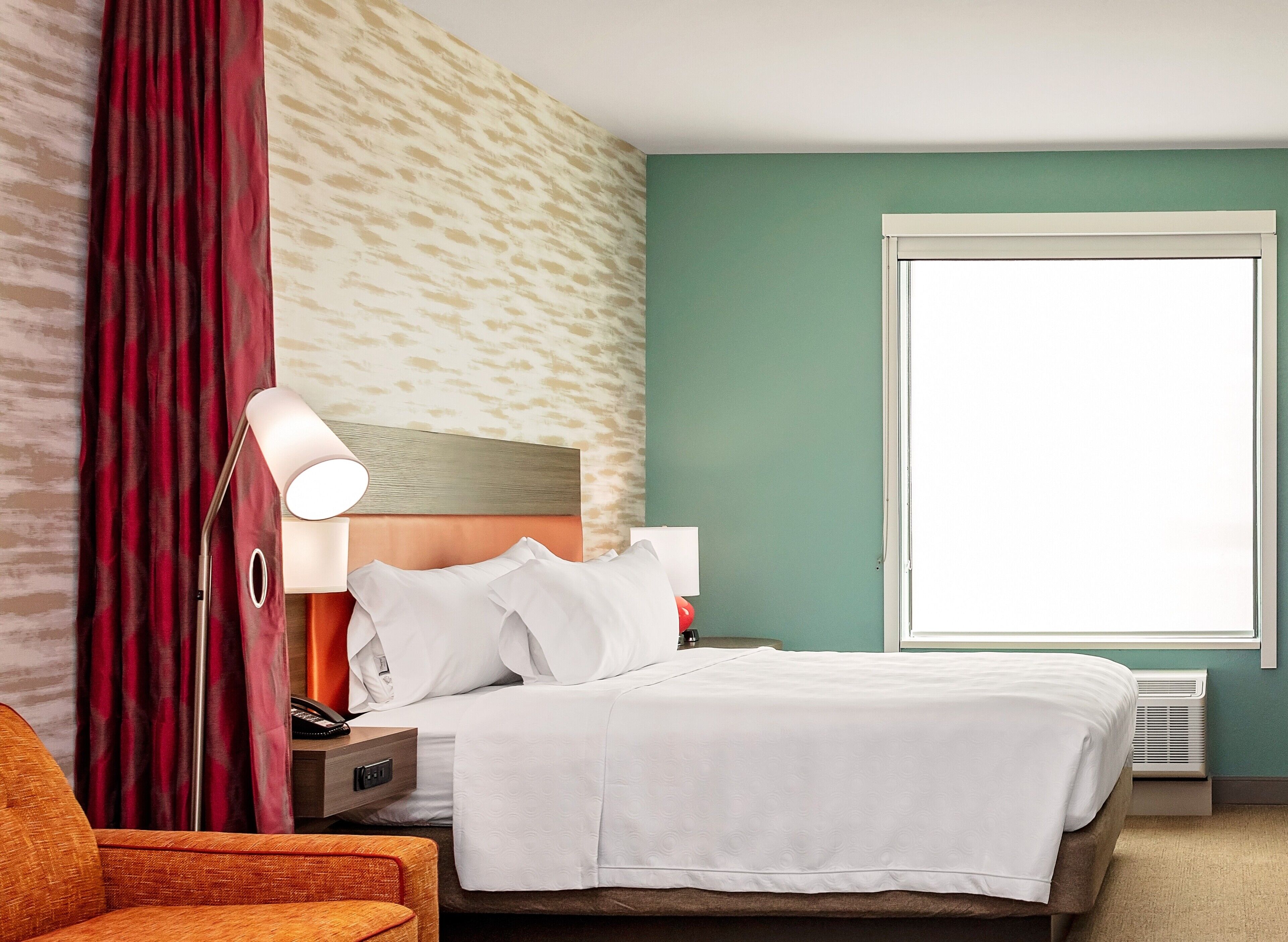 desk, laptop workspace, blackout curtains, iron/ironing board