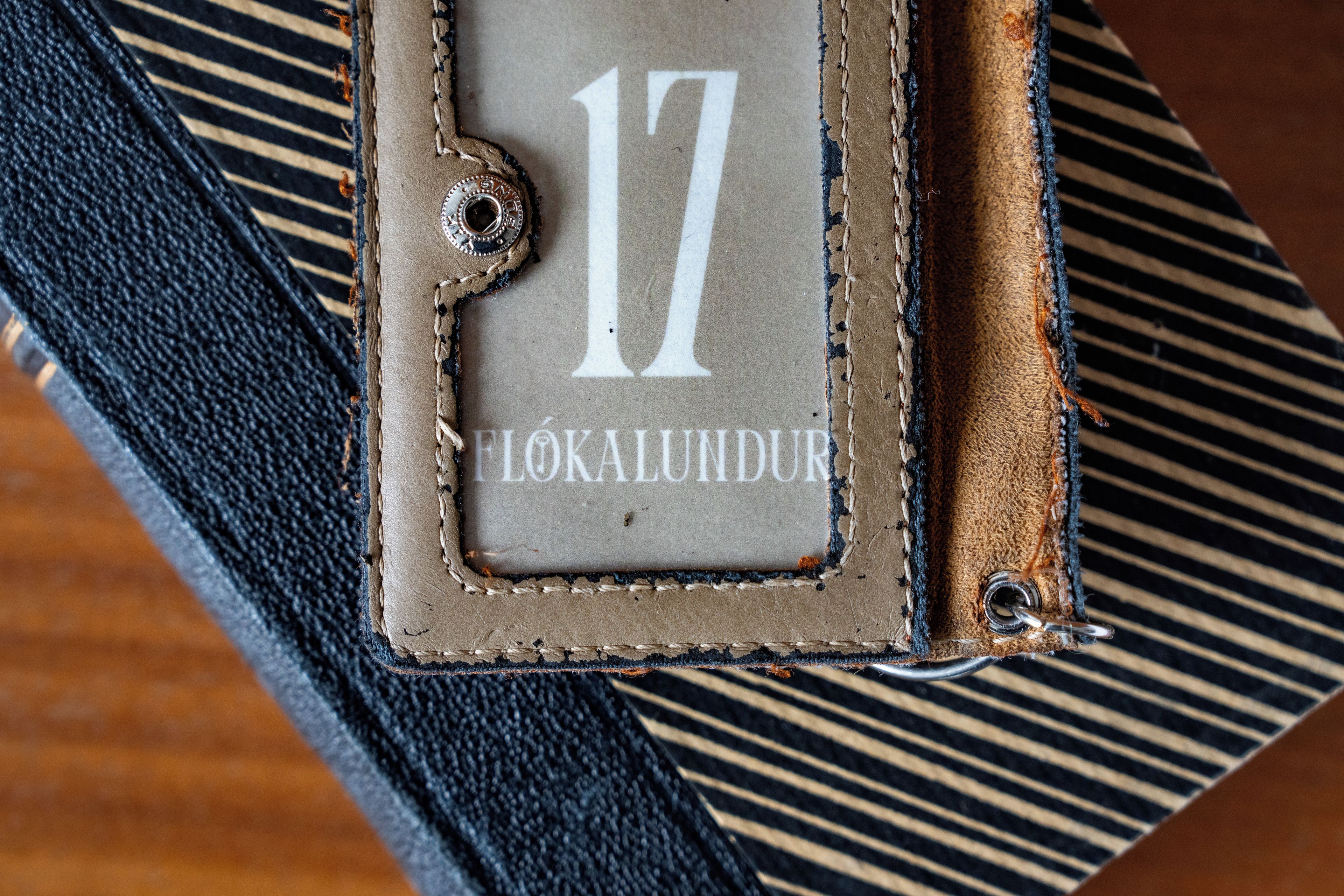 A close-up of a leather-bound book with the number 17 and the word 'FLOKALUNDUR' on its cover.