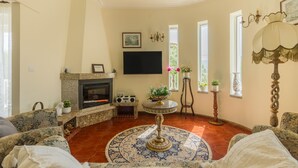 A living room with a fireplace, a television mounted on the wall, and a round rug. - Casa de Monsanto I Lamego (Lamego)