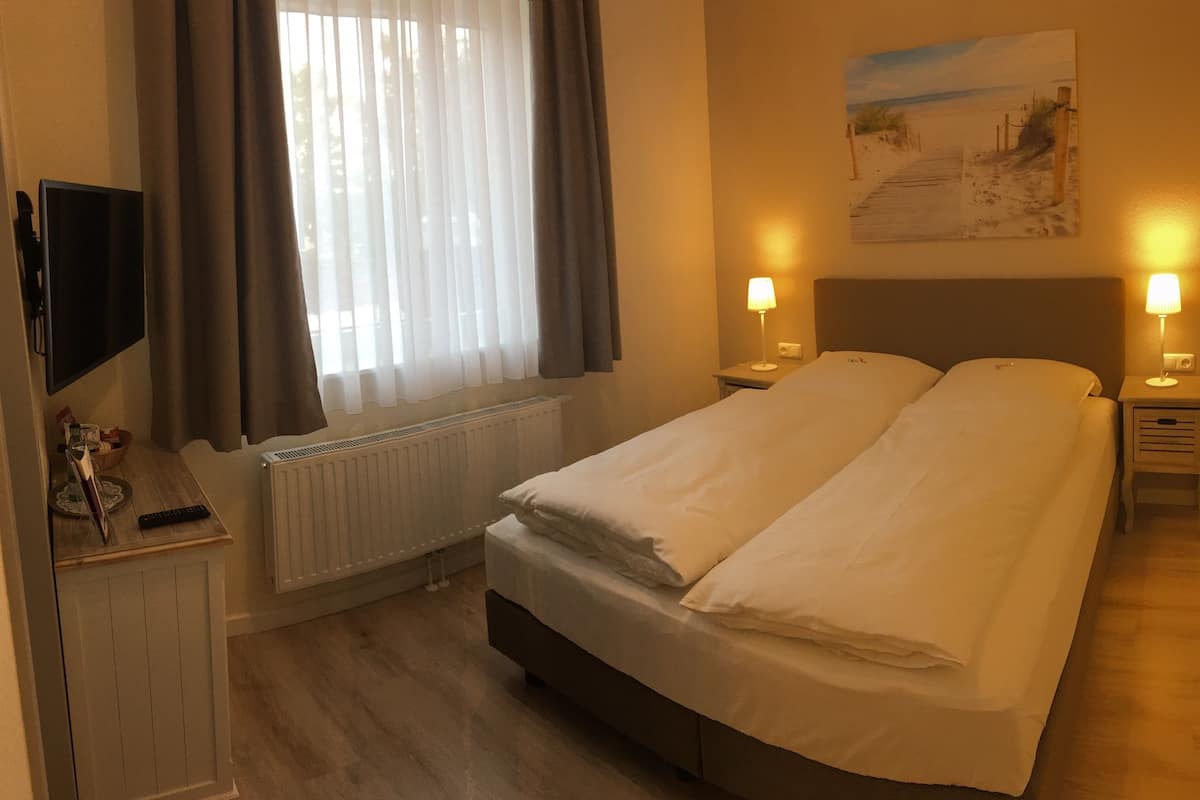 Une chambre d’hôtel avec un lit, une télévision, un radiateur et un tableau au mur.