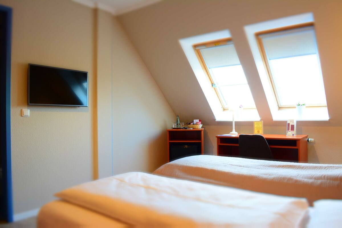 Une chambre d’hôtel avec un lit, un bureau, une chaise, une télévision et deux fenêtres.