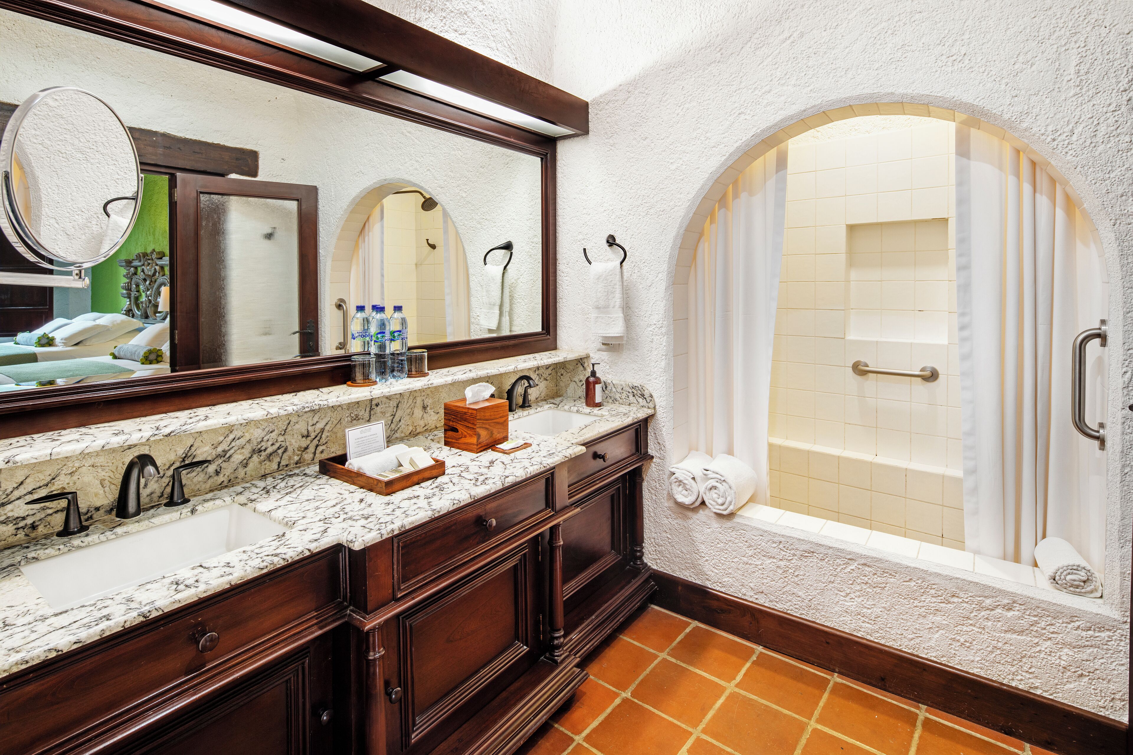 master suite, 2 queen beds, no. 2 & 9 | bathroom | shower, hair dryer, bathrobes, slippers