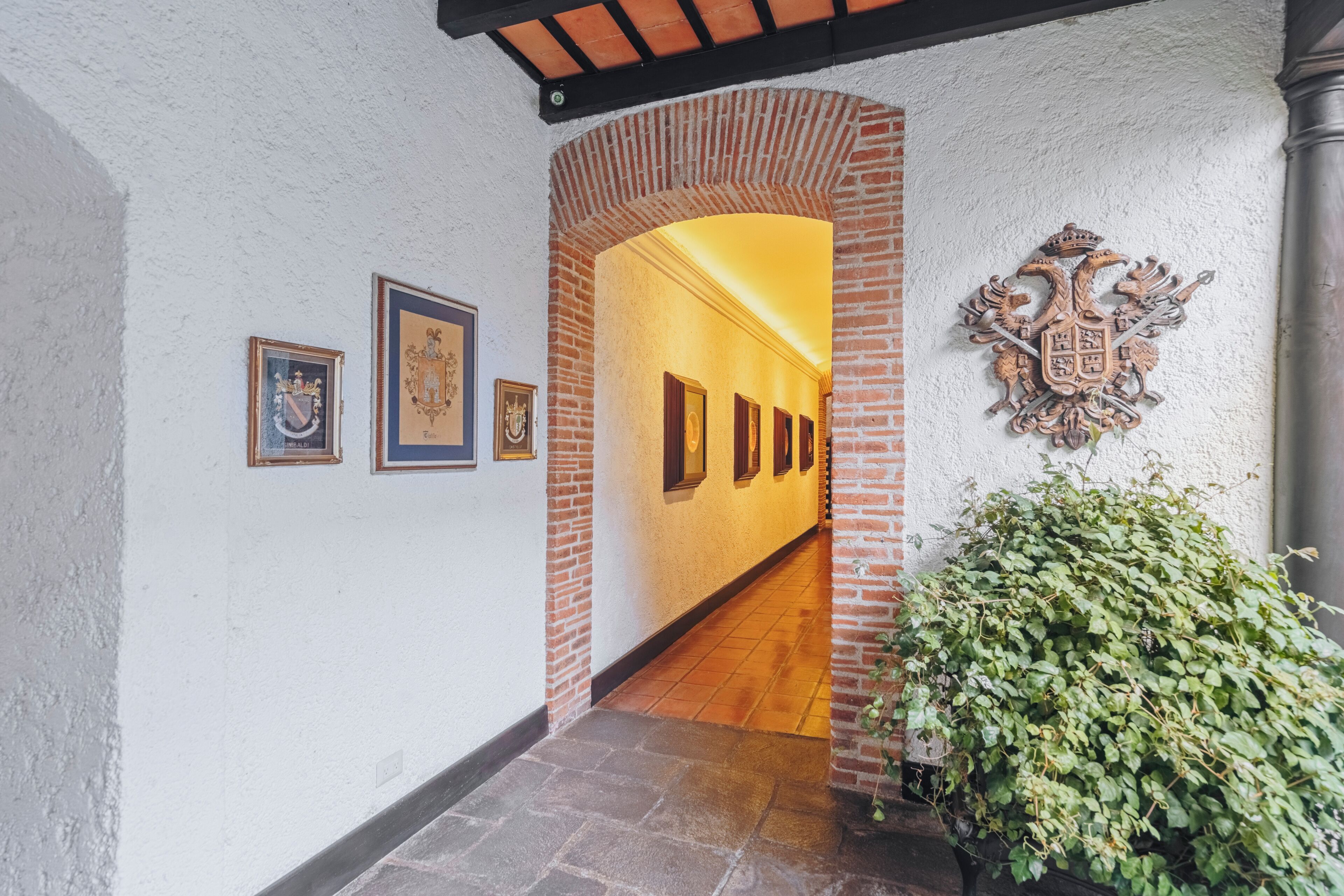 A hallway with framed coats of arms on the wall, a brick archway, and a potted plant.