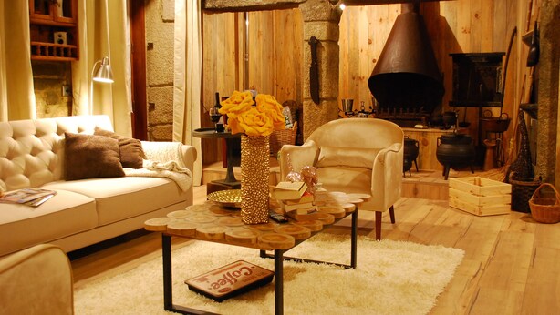 Una sala de estar acogedora con chimenea, un sofá, una mesita de centro y una estantería.