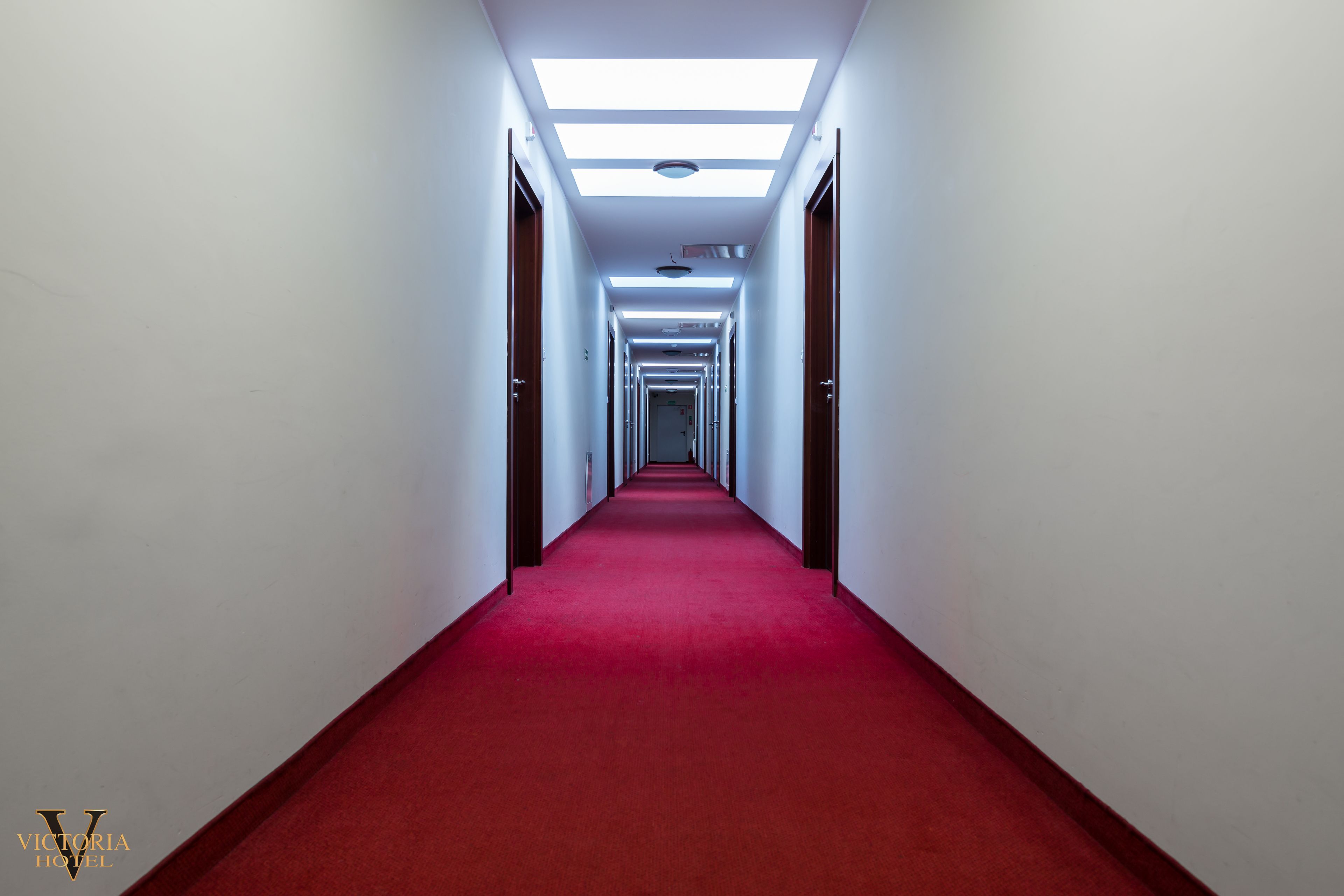 Un largo y estrecho pasillo de hotel con alfombra roja, paredes blancas y techo con tragaluces.
